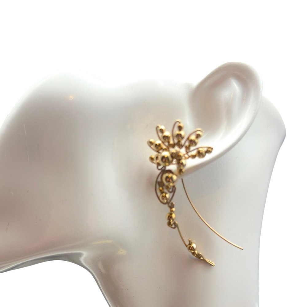 Artisan Gold Floral Wire Beaded Ear Crawler Statement Climbing Earrings 2.25"